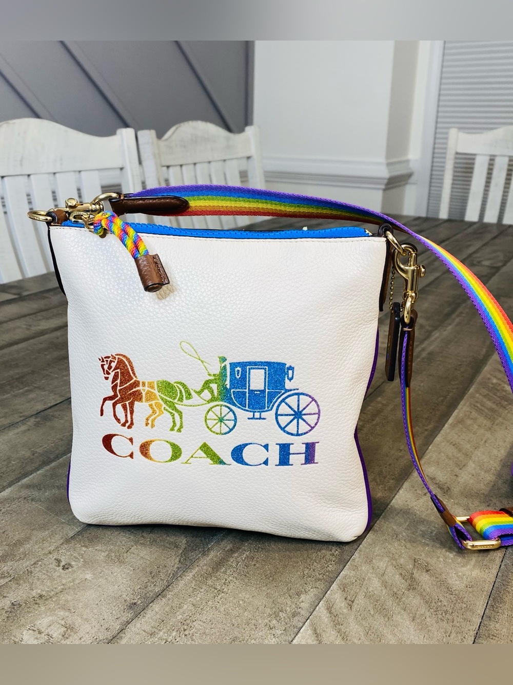 Coach Jes Slim Crossbody Bag Chalk Leather Rainbow Horse and Carriage Pride